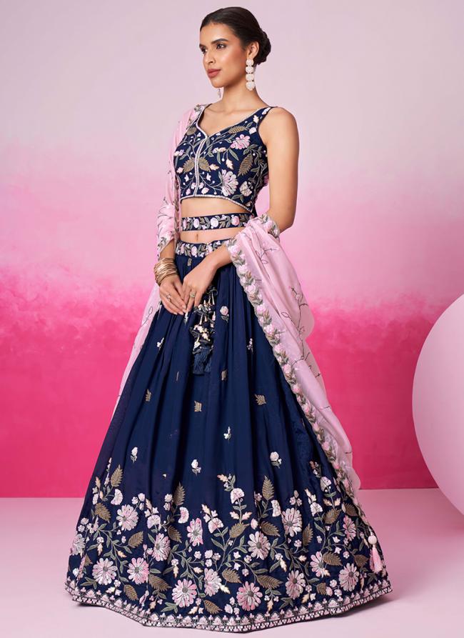 Organza Navy Blue Wedding Wear Sequins Work Lehenga Choli